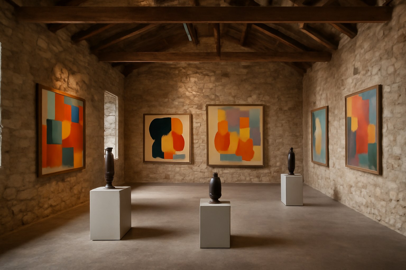 石造りの倉庫内に並ぶ絵画と彫刻のイメージ