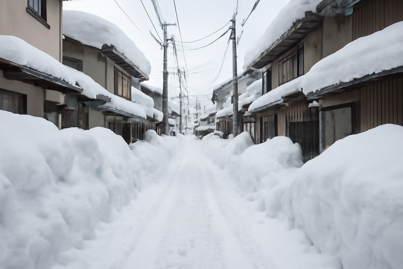 雪が積もった細い住宅街の道のイメージ