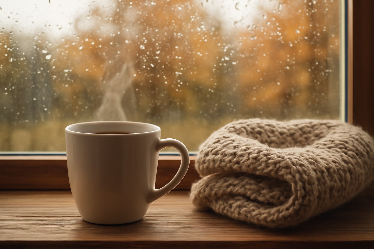 雨の窓辺の温かい飲み物とマフラー(AIで作成したイメージ)