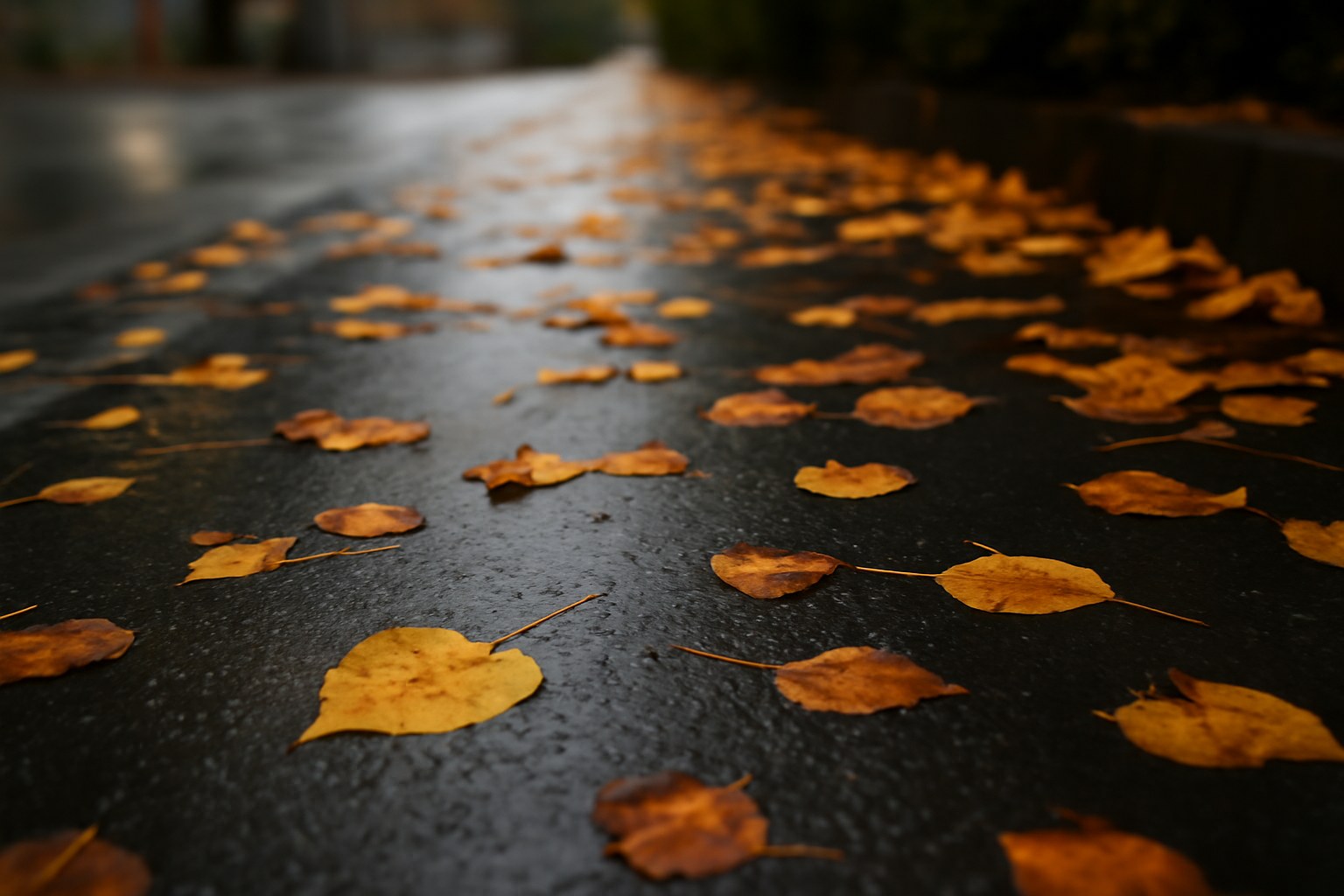 雨上がりの歩道の落ち葉